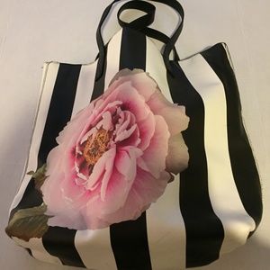 Black & White Striped Bag with Pink Flower